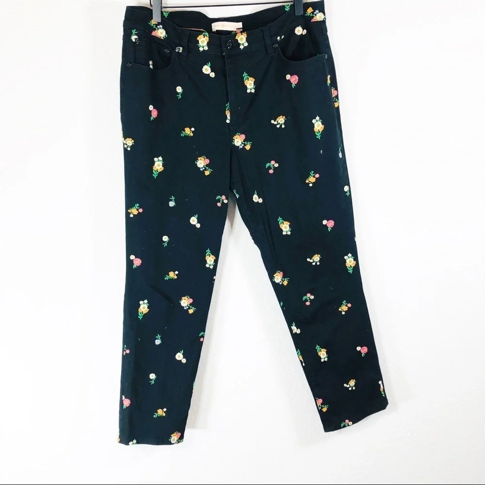🔥 Tory Burch black Brindle Skinny Capri floral denim jeans sz32 NWOT